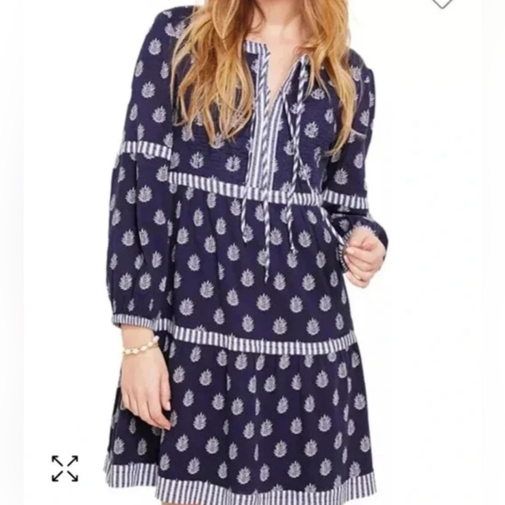Vineyard Vines Navy and White Printed Tie-Neck Tiered Dress